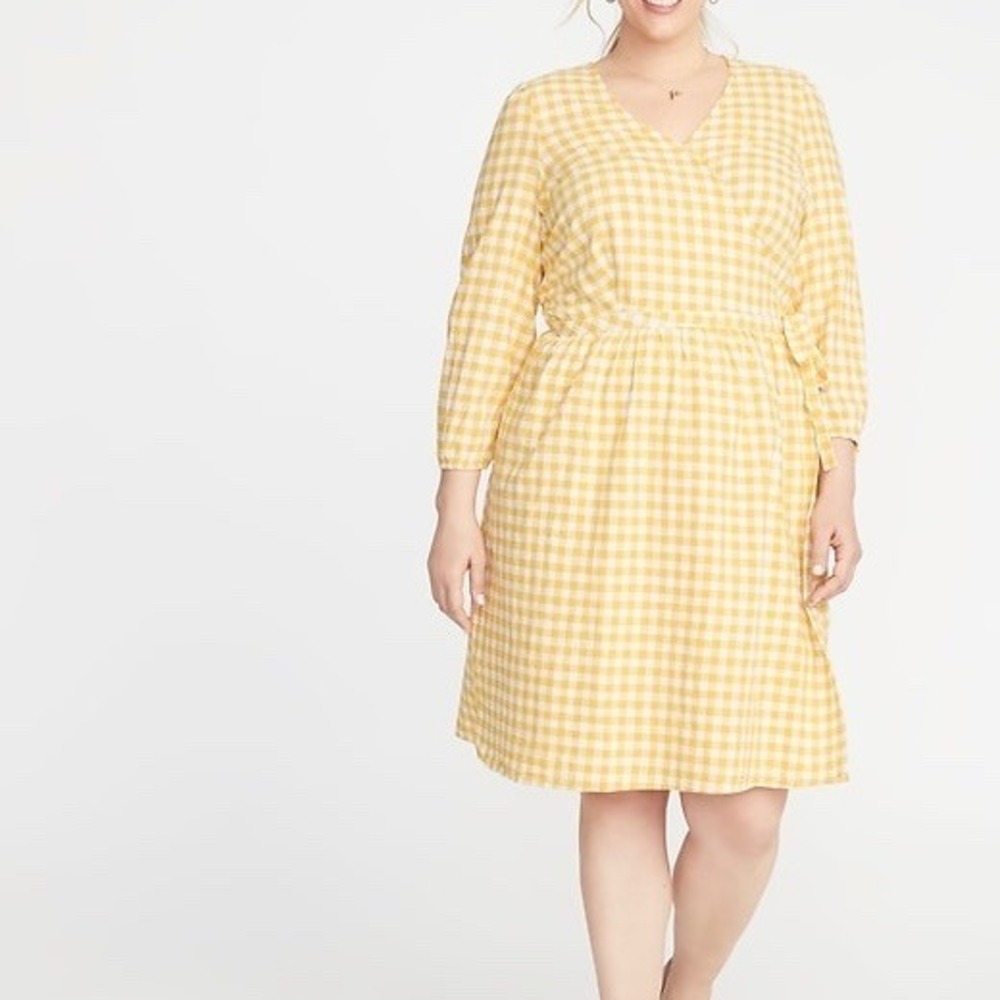 Old Navy Yellow Gingham Wrap Dress XL Cotton Cottagecore Babydoll Prairie Picnic